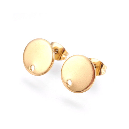 Stud Earring Findings, 304 Stainless Steel, Ion Plated, Flat, Round, With Hole, Golden, 10mm - BEADED CREATIONS