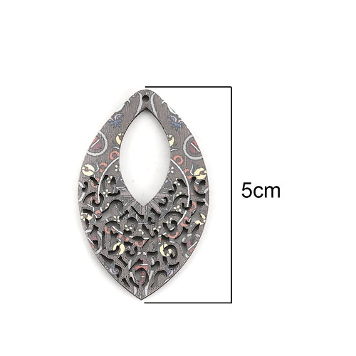 Wooden Pendants, Marquise, Printed, Single Sided, Top Drilled, Grey, 50mm - BEADED CREATIONS