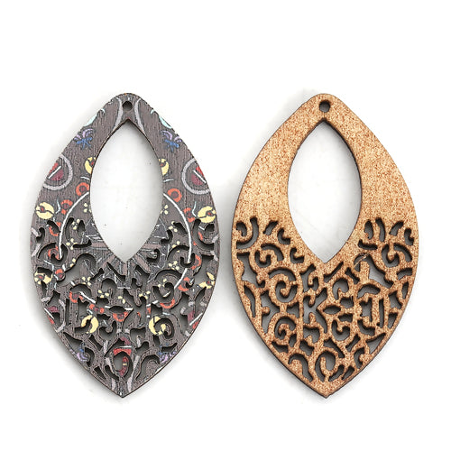 Wooden Pendants, Marquise, Printed, Single Sided, Top Drilled, Grey, 50mm - BEADED CREATIONS