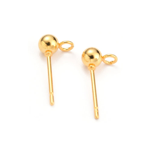 Ball Post Stud Earring Findings, 304 Stainless Steel, With 316 Surgical Stainless Steel Pins And Open Loop, Golden, 15x4mm - BEADED CREATIONS