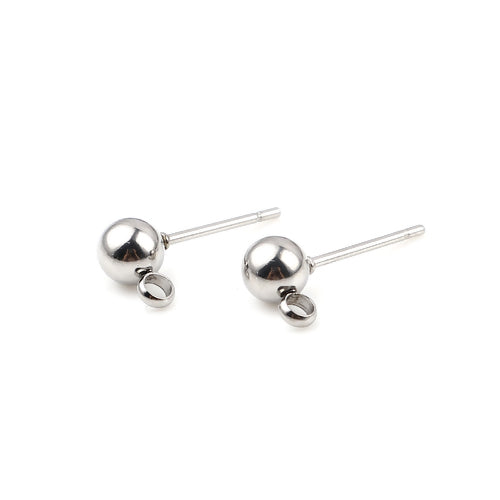 Ball Post Stud Earring Findings, 304 Stainless Steel, With Closed Loop, Silver Tone, 17x6mm - BEADED CREATIONS