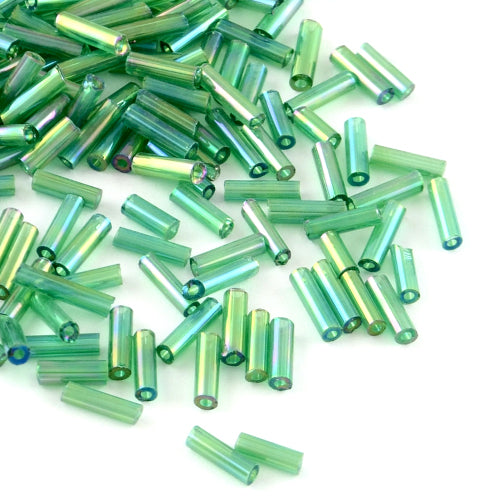 Bugle Beads, Glass, AB Color Plated, Transparent, Rainbow, Sea Green, 4-4.5mm - BEADED CREATIONS