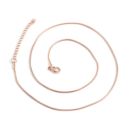 Chain Necklace, 304 Stainless Steel, 1.2mm Snake Chain Necklace, With Extender Chain, Rose Gold, 46cm