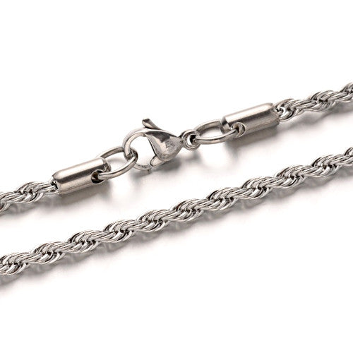 Chain Necklace, 304 Stainless Steel, Braided Rope Chain Necklace, 3mm, Silver Tone, 61cm - BEADED CREATIONS
