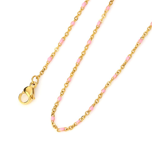 Chain Necklace, 304 Stainless Steel, Cable Link Chain, Gold Plated, Pink Enamel, 45.5cm - BEADED CREATIONS