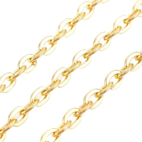 Chain, Iron, Cable Chain, Open Link, Flat, Oval, Gold Plated, 5x3.3mm - BEADED CREATIONS