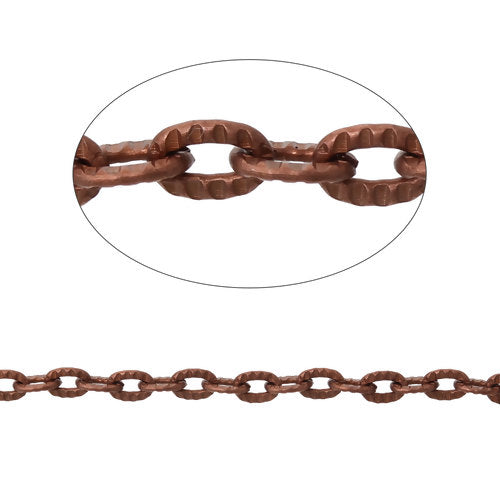 Chain, Iron, Cable Chain, Open Link, Flat, Oval, Textured, Red Copper, 4.2x3mm - BEADED CREATIONS