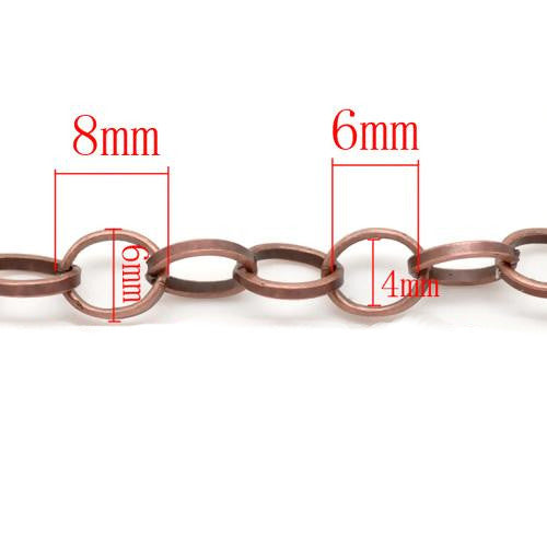 Chain, Iron, Cable Chain, Open Link, Round, Red Copper, 8x6mm - BEADED CREATIONS