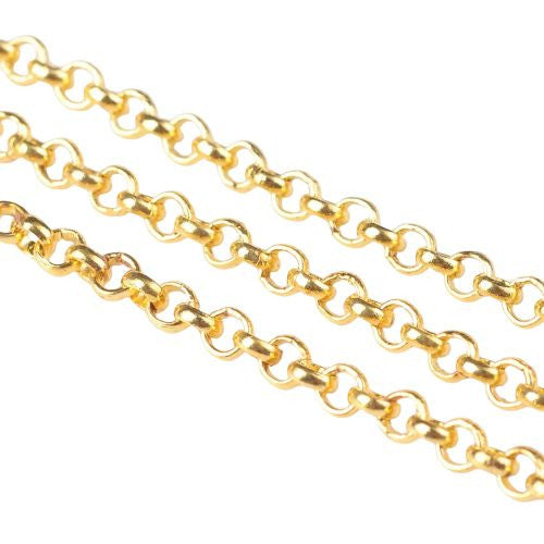 Chain, Iron, Rolo Chain, Belcher Chain, Open Link, Golden, 2.5mm - BEADED CREATIONS
