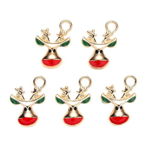 Charms, Christmas Reindeer Head, Single-Sided, Red, Green, Black, Enameled, Light Gold Plated, Alloy, 17mm - BEADED CREATIONS