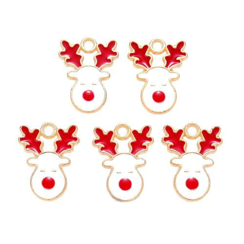 Charms, Christmas, Reindeer, Light Gold Plated, White, Red, Enameled, 17mm - BEADED CREATIONS