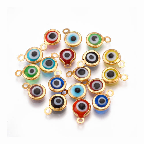 Charms, Evil Eye, 304 Stainless Steel, Handmade Lampwork, Flat, Round, Assorted, Golden, 9.5mm - BEADED CREATIONS
