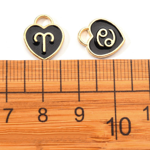 Charms, Heart, Zodiac Signs, Black, Enameled, Light Gold Plated, Alloy, 14mm - BEADED CREATIONS
