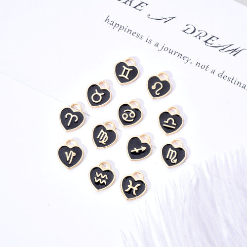 Charms, Heart, Zodiac Signs, Black, Enameled, Light Gold Plated, Alloy, 14mm - BEADED CREATIONS