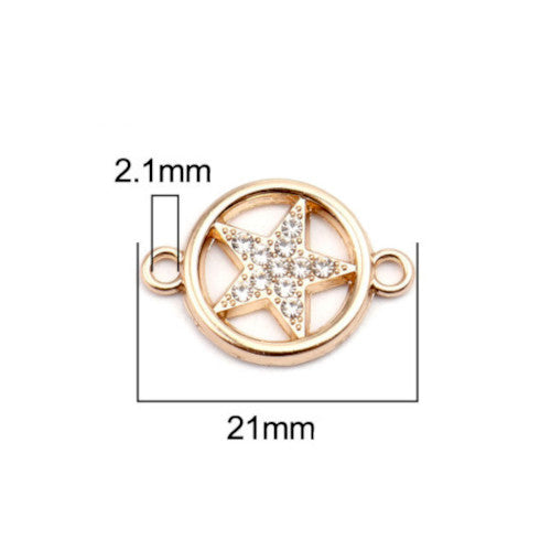 Connectors, Star, Single-Sided, Round, Gold Plated, Alloy, Clear Rhinestones, Link, 21mm - BEADED CREATIONS