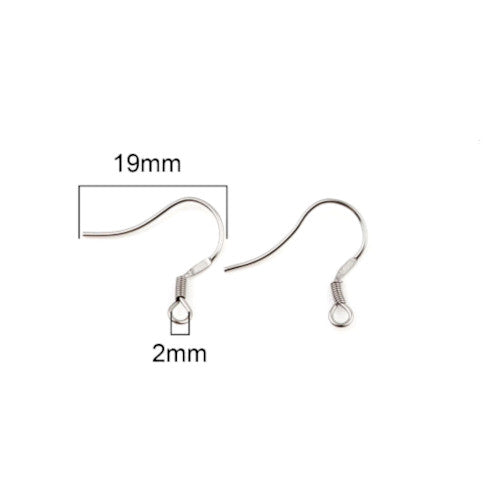 Earring Hooks, 304 Stainless Steel, Ear Wires, With Vertical Open Loop And Coil, Silver Tone, 18mm - BEADED CREATIONS