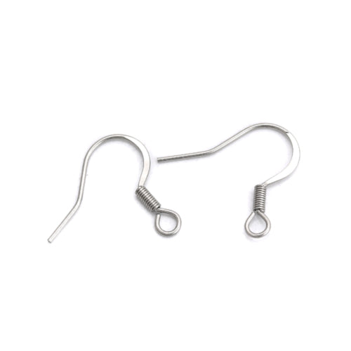 French Earring Hooks, 316 Surgical Stainless Steel, Flat Earring Hooks, With Coil And Horizontal Loop, Silver Tone, 18mm - BEADED CREATIONS