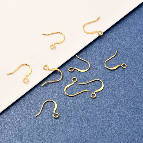 French Earring Hooks, Brass, Flat Earring Hooks, With Open Horizontal Loop, 18K Gold Plated, 14mm - BEADED CREATIONS