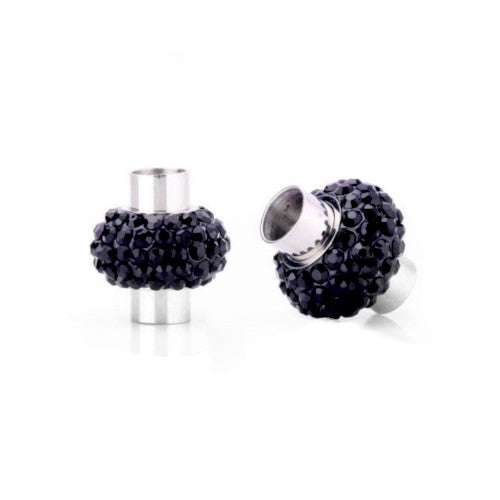 Magnetic Clasps, Oval, Glue-In, With Black Rhinestones, Silver Plated, Alloy, 17x11mm - BEADED CREATIONS