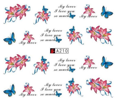 Nail Art, Water Transfer, Decals, Butterfly, Script, Flowers, Nail Art Sliders, Red, Blue. GN210 - BEADED CREATIONS