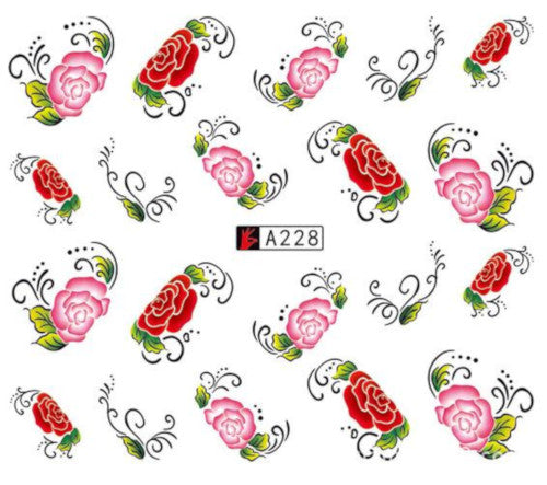 Nail Art, Water Transfer, Decals, Flowers, Nail Art Sliders, Pink, Red. GN228 - BEADED CREATIONS