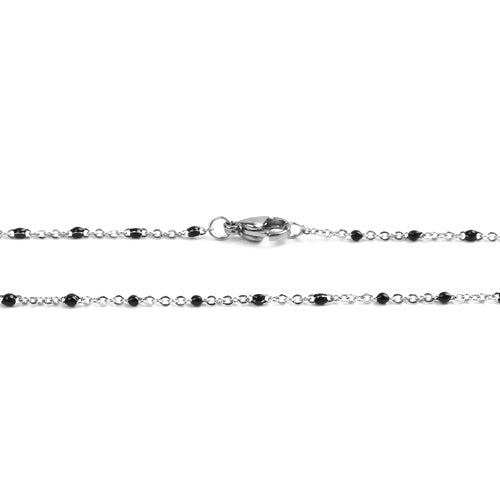Necklace, Chain, 304 Stainless Steel, Cable Link, Silver Tone, Black Enamel, 60cm - BEADED CREATIONS