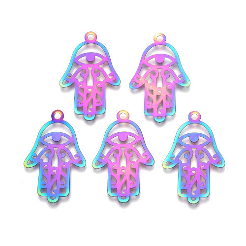Pendants, 201 Stainless Steel, Electroplated, Etched, Hamsa Hand, Hand of Fatima, Hand of Miriam, With Eye, Rainbow, 30mm - BEADED CREATIONS