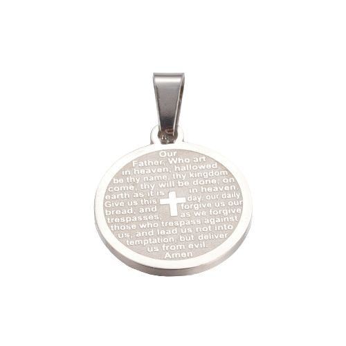 Pendants, 304 Stainless Steel, With Bail, Flat, Round, With Lord's Prayer & Cross, Words, Silver Tone, 21mm - BEADED CREATIONS