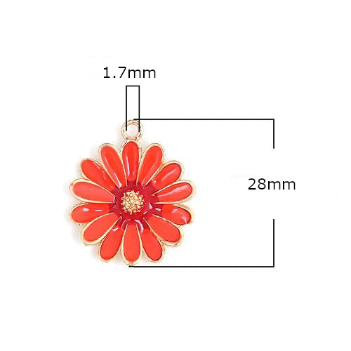 Pendants, Daisy, Flower, Single-Sided, Red, Enameled, Gold Plated, Alloy, 28mm - BEADED CREATIONS