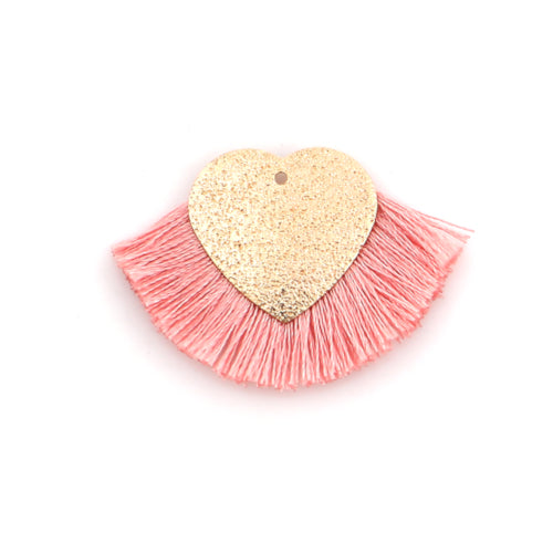 Pendants, Fan, Tassels, Pink, Polyester, Gold Plated, Sparkle Dust, Heart, 40x25mm - BEADED CREATIONS