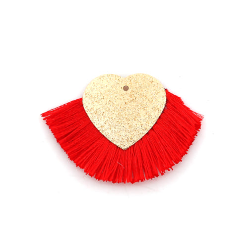 Pendants, Fan, Tassels, Red, Polyester, Gold Plated, Sparkle Dust, Heart, 40x25mm - BEADED CREATIONS