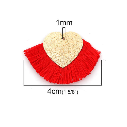 Pendants, Fan, Tassels, Red, Polyester, Gold Plated, Sparkle Dust, Heart, 40x25mm - BEADED CREATIONS