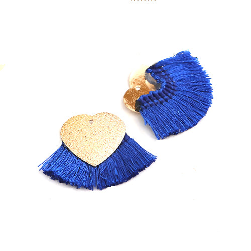 Pendants, Fan, Tassels, Royal Blue, Polyester, Gold Plated, Sparkle Dust, Heart, 40x25mm - BEADED CREATIONS
