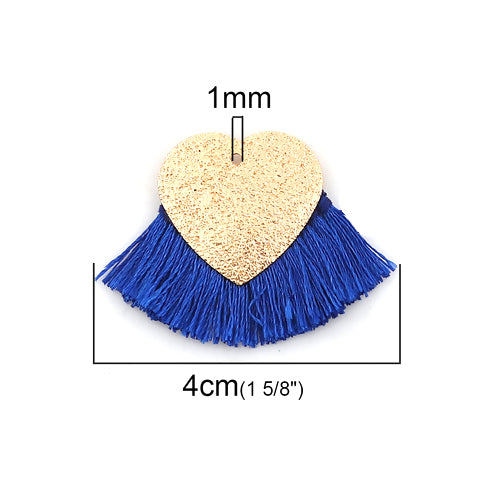 Pendants, Fan, Tassels, Royal Blue, Polyester, Gold Plated, Sparkle Dust, Heart, 40x25mm - BEADED CREATIONS