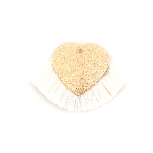 Pendants, Fan, Tassels, White, Polyester, Gold Plated, Sparkle Dust, Heart, 40x25mm - BEADED CREATIONS