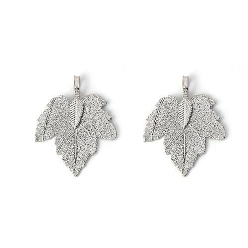 Pendants, Maple Leaf, Double-Sided, Electroplated, Silver Tone, Brass, 34mm - BEADED CREATIONS