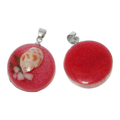 Pendants, Natural, Shell, Transparent, Fuchsia, Round, Resin, With Bail 27mm - BEADED CREATIONS