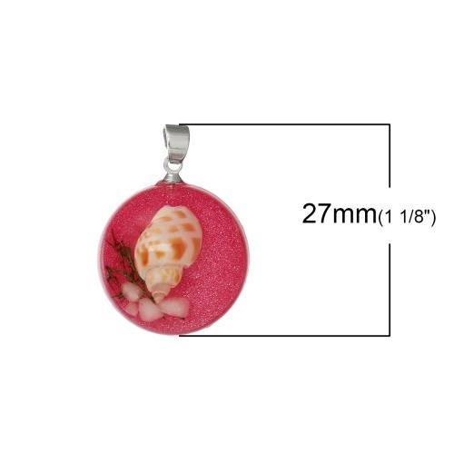 Pendants, Natural, Shell, Transparent, Fuchsia, Round, Resin, With Bail 27mm - BEADED CREATIONS