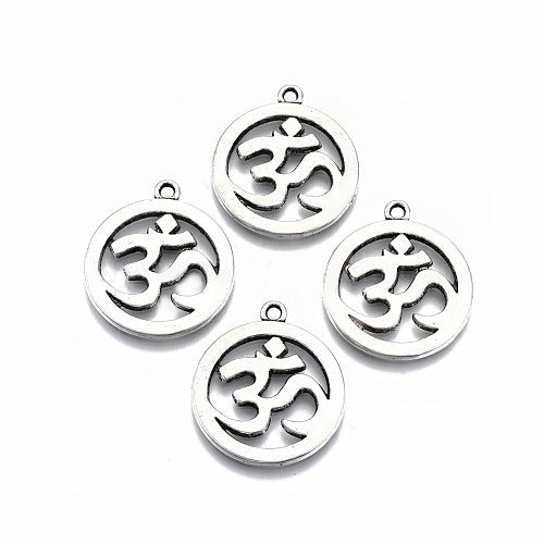 Pendants, Tibetan Style, Flat, Round, Ohm, Om, Symbol, Antique Silver, 29mm - BEADED CREATIONS