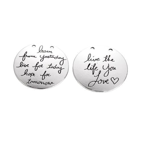 Pendants, Tibetan Style, Message Pendants, Flat Round, Engraved Words, Affirmation, Antique Silver, Alloy, 30mm - BEADED CREATIONS