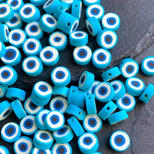 Polymer Clay Beads, Evil Eye, Flat, Round, Light Blue, 10mm - BEADED CREATIONS