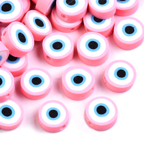 Polymer Clay Beads, Evil Eye, Flat, Round, Pink, 10mm - BEADED CREATIONS