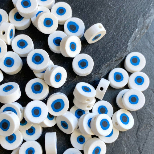 Polymer Clay Beads, Evil Eye, Flat, Round, White, 10mm - BEADED CREATIONS