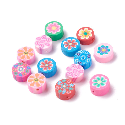 Polymer Clay Beads, Floral, Flat, Round, Assorted, 10mm - BEADED CREATIONS