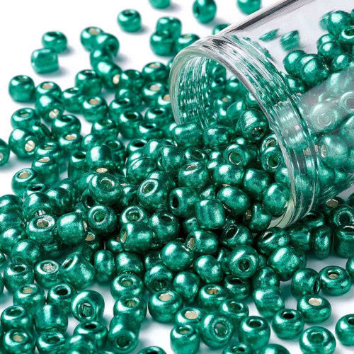 Seed Beads, Glass, Opaque, Metallic, Teal Green, #6, Round, 4mm