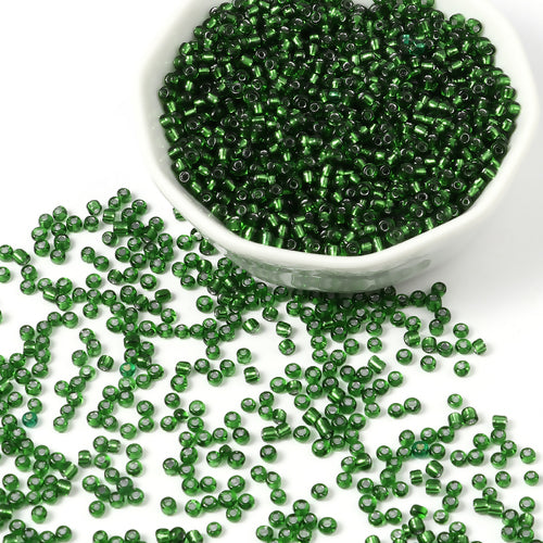 Seed Beads, Glass, Silver Lined, Dark Green, #8, Round, 3mm