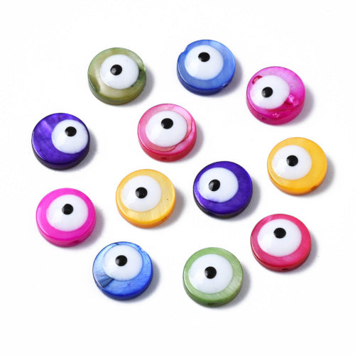 Shell Beads, Natural, Freshwater, With Enamel, Dyed, Flat, Round, Evil Eye, Assorted Colors, 8mm - BEADED CREATIONS