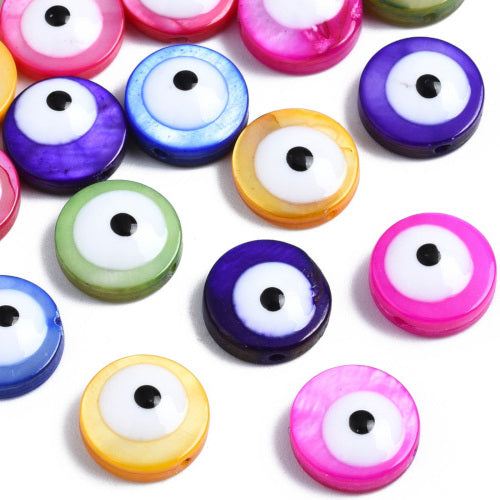 Shell Beads, Natural, Freshwater, With Enamel, Dyed, Flat, Round, Evil Eye, Assorted Colors, 8mm - BEADED CREATIONS