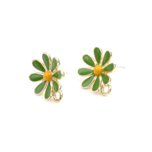 Stud Earring Findings, Alloy, Daisy Flower, With Closed Loop, Gold Plated, Green, Yellow, Enameled, 14.6mm - BEADED CREATIONS