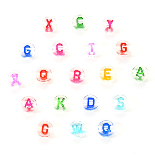 Acrylic Beads, Alphabet, Letter, Round, Horizontal Hole, Transparent, Mixed Colors, A-Z, 7mm - BEADED CREATIONS